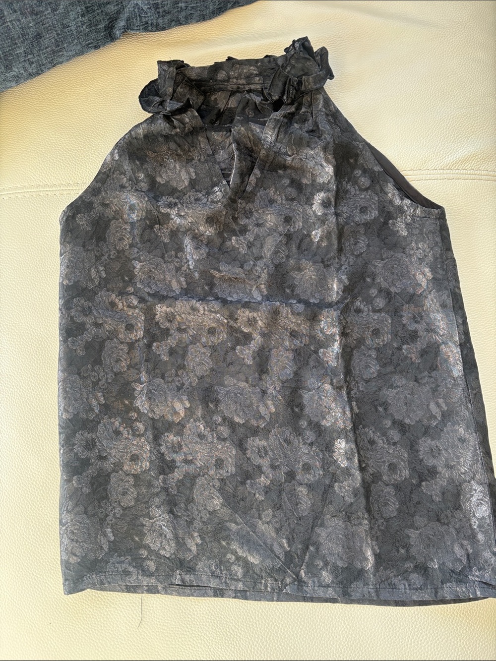 Sleeveless Ruffled Halter Top in Charcoal Floral - shantung silk